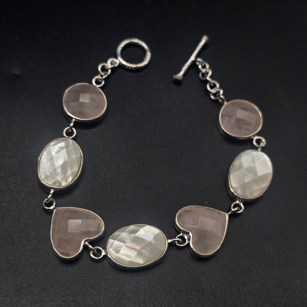 Sterling Silver Rose Quartz Mother of Pearl Bracelet Hearts Toggle Clasp 925